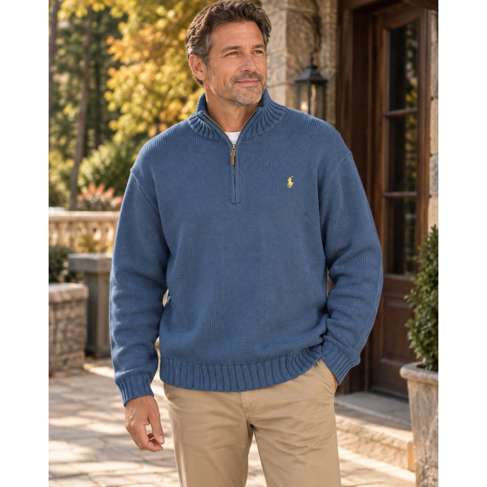 Polo By Ralph Lauren Sweater Mens Blue XXL 1/4 Zip Heavyweight 100% Cotton VTG